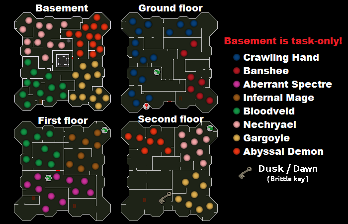 Slayer Tower map showing Cave Crawlers, Banshees, Aberrant Spectres, and Bloodvelds floors